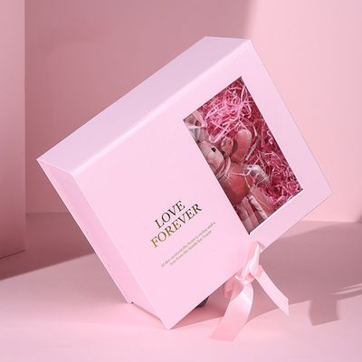 Papel magnético de encargo del rosa de la caja de regalo del paquete plano con la cinta