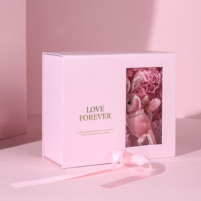 Papel magnético de encargo del rosa de la caja de regalo del paquete plano con la cinta