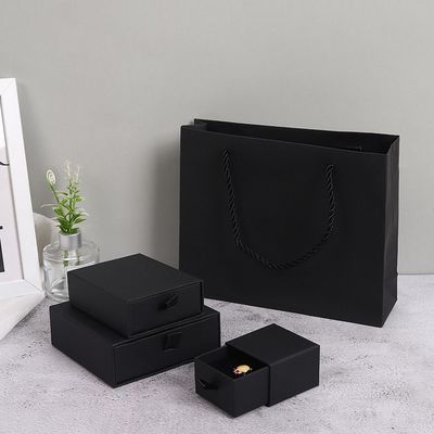 Caja de joyería de papel negro con caja de embalaje de caja de collar de anillo de cartón de cajones