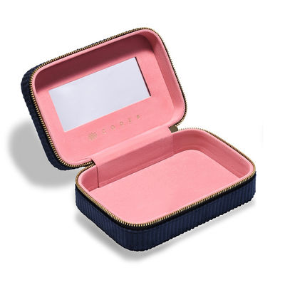Caja azul marino de la barra de labios del viaje del trío del terciopelo con el espejo y EVA Insert interiores